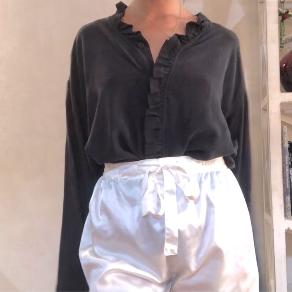 NWOT Eskandar for Bergdorf Goodman Silk Navy Ruffle Blouse Size 1